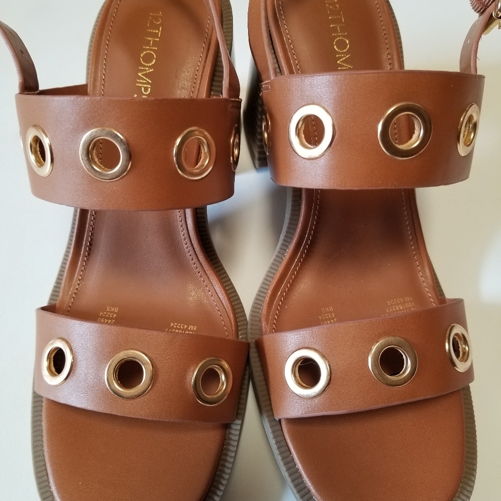 12 Thompson *Julia * Brown Block Heel Sandals with Gold Accents. New with No Box